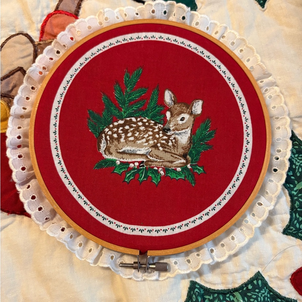 VTG Christmas Deer Winter Design Wall Hanging picture Hoop Decor